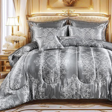 8 Pieces Gray Satin Comforter Set King Size Silk like Satin Bed in a Bag Soft an