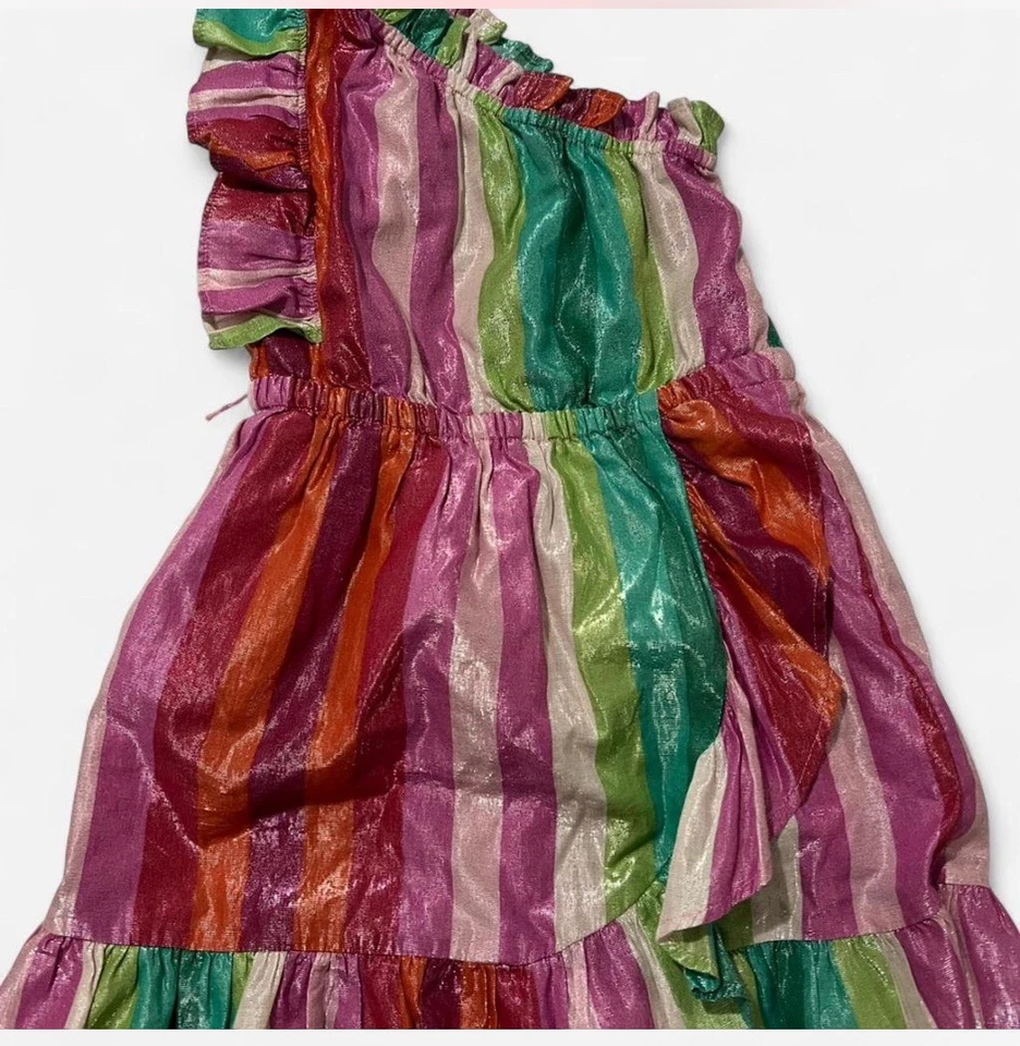 Vestido Crewcuts Niñas Un Hombro Brillante Puesta de Sol Rayas Talla 5 J.Crew Niños Vacaciones Foto 2 de 4