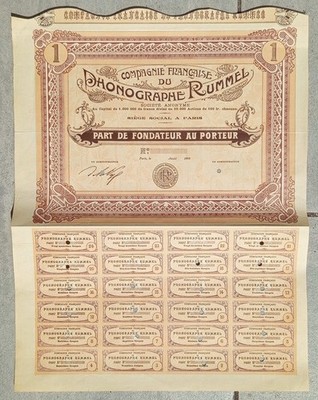 Gründeranteil (Aktie) Cie Française du PHONOGRAPHE RUMMEL - 1908 -nicht ausgegeben