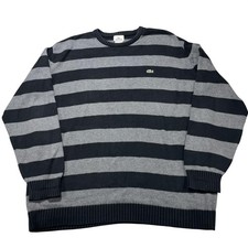 Lacoste Sweater Mens Size 7 Gray Black Stripe Cotton Crewneck Pullover Logo Knit