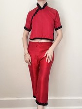 Vintage 1940s Red Silk Japanese Pajama Set
