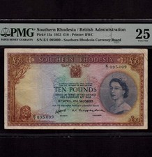 Southern Rhodesia 10 Pounds 1953 P-15a * PMG VF 25, 2 ph * Queen Elizabeth *