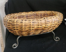 Wicker Basket Metal Curled Feet and Handles Oval shaped