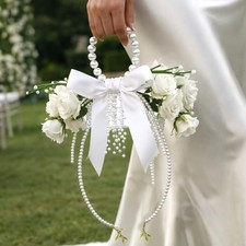 Novabright White Rose Wedding Bouquet for Bride with Pearl Handle