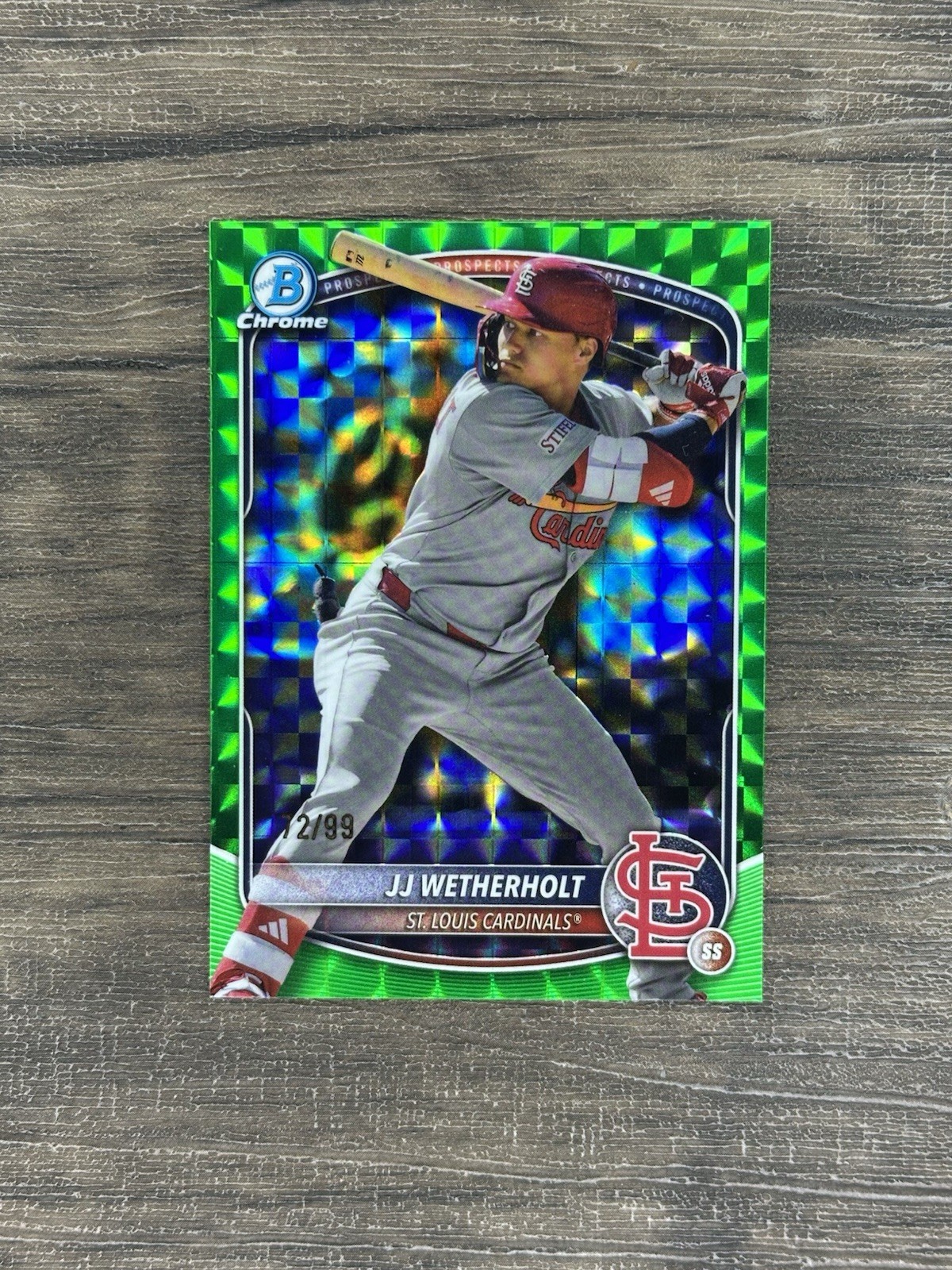 2025 Bowman Chrome JJ Wetherholt #BCP-22 Green Geometric Refractor /99 Cardinals