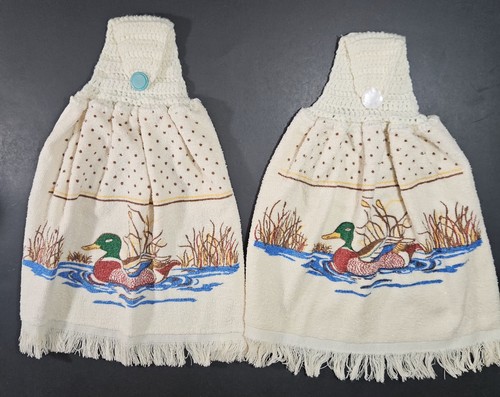 2  Vtg Cannon Mallard Duck Hand Crocheted Top Hanging Kitchen Hand Towels USA