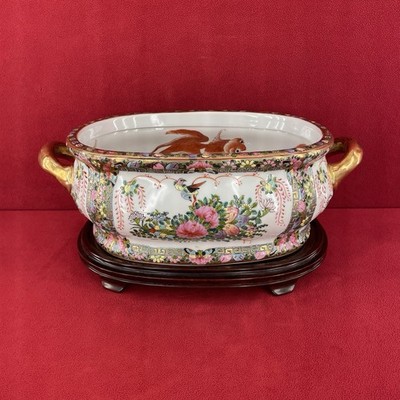 Famille Rose Porcelain Planter Centerpiece W/Stand Birds Fish Butterflys Flowers