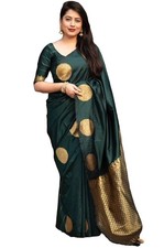 Pappylon Women's Banarasi Kanjivaram Cotton Silk Woven Saree with Blouse Green