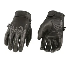 Milwaukee Leather SH820 Men's 'White Flames' Leather Cruising Gloves w/ Gel Palm