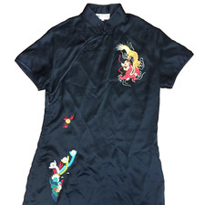 VINTAGE YI FANG CHEONGSAM DRESS WOMENS 44 EMBROIDERED DRAGON BLACK SATIN 38"x56"