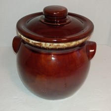 HULL Cookie Jar Beanpot with Lid brown drip glaze made in USA ovenproof vintage