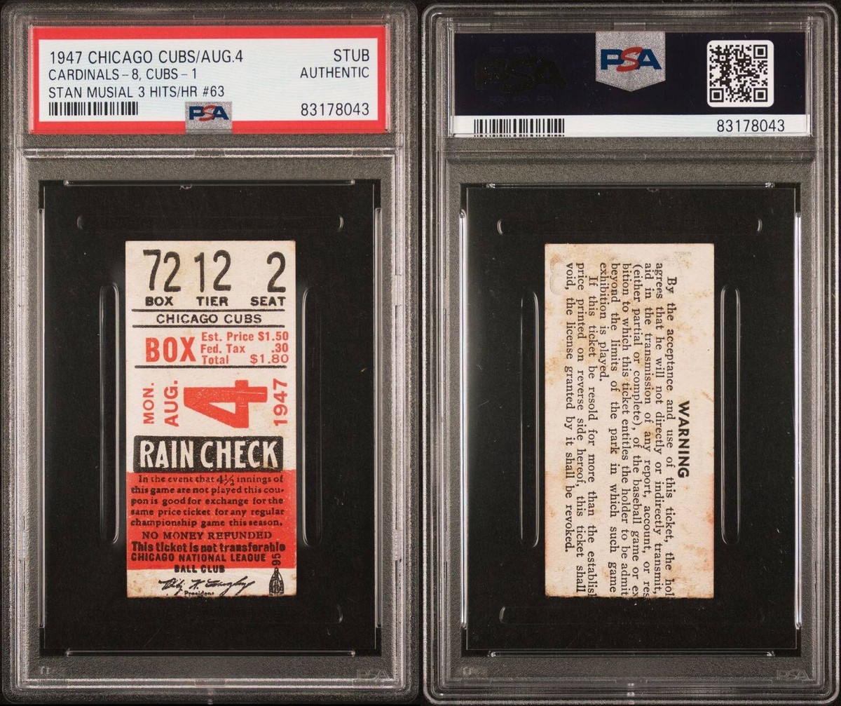 1947 STAN MUSIAL HR #63 (3 HITS) TICKET STUB 8/4/47 HOF CARDINALS