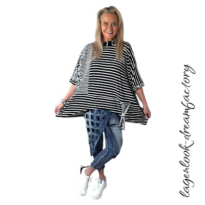 Lagenlook Patchwork-Big- Kasten-Tunika gestreift black&white 46 48 50 52 54 56