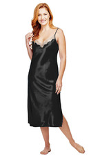 Shadowline Women's Nightgown Black Satin Slip Lace Trim Silky Smooth Sleepwear