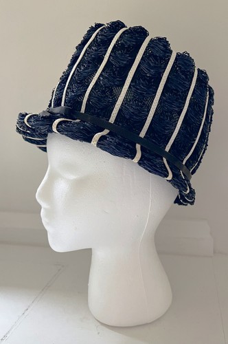Vintage 1950s ANGEL Designs Hat Women’s Fashion Bucket Dark Navy & Ivory - Picture 5 of 9