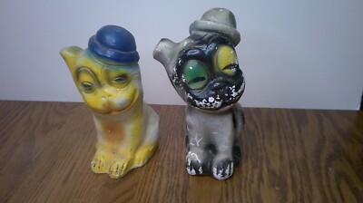 2 Vintage MCM chalkware bulldog w/ bowler hats carnival or fair