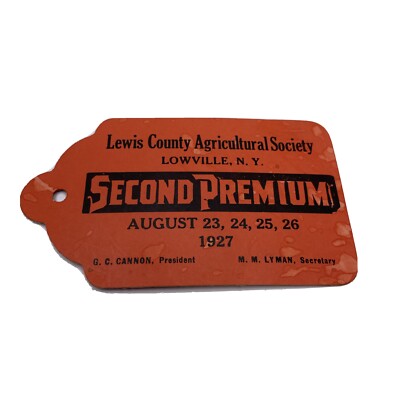 Antique 1927 Lewis County Fair Lowville New York 2nd Premium Cattle Tag Ticket