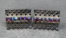 Vintage Iridescent Stone White Gold Plated Cuff Links