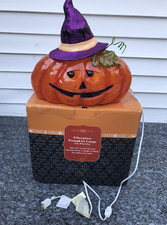 Pumpkin Jack O Lantern 12 in Purple Witch Hat Fiberglas Lighted Indoor Halloween