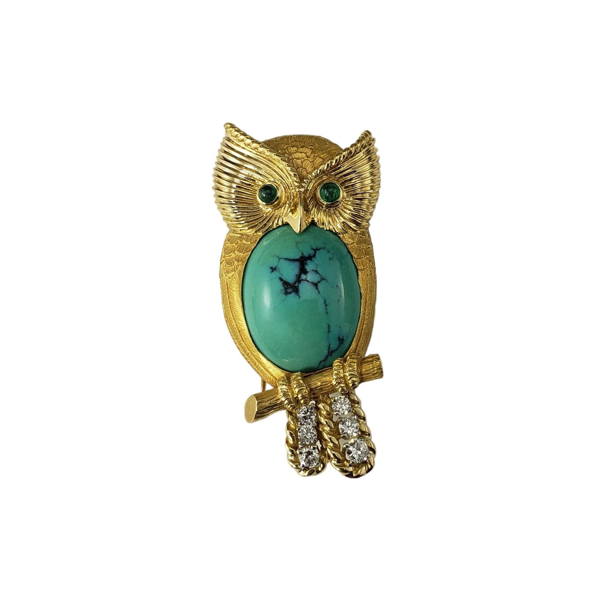 Vintage Cartier 18K Turquoise, Emerald, and Diamond Owl Brooch