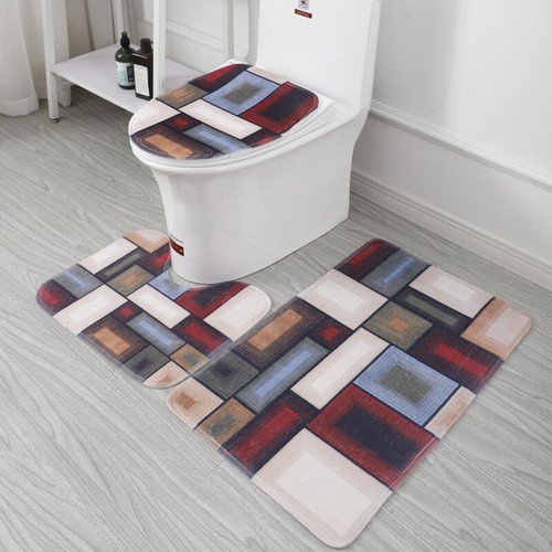 3 Piece Printed Bathroom Rug Set, Bath Mat, Contour Rug, Toilet Lid Cover Soft  - Picture 6 of 35