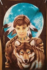 Indian Women's Flag with Wolf 90x145 cm. Flag Indian Woman with Wolf 90x145 cm