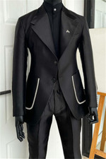 Men's Black Satin Suit Notch Lapel Groom Tuxedo Wedding Party Dinner Suit Custom