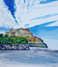 Original Watercolor Myriana castle in Greece by signed by John Charles Thompson