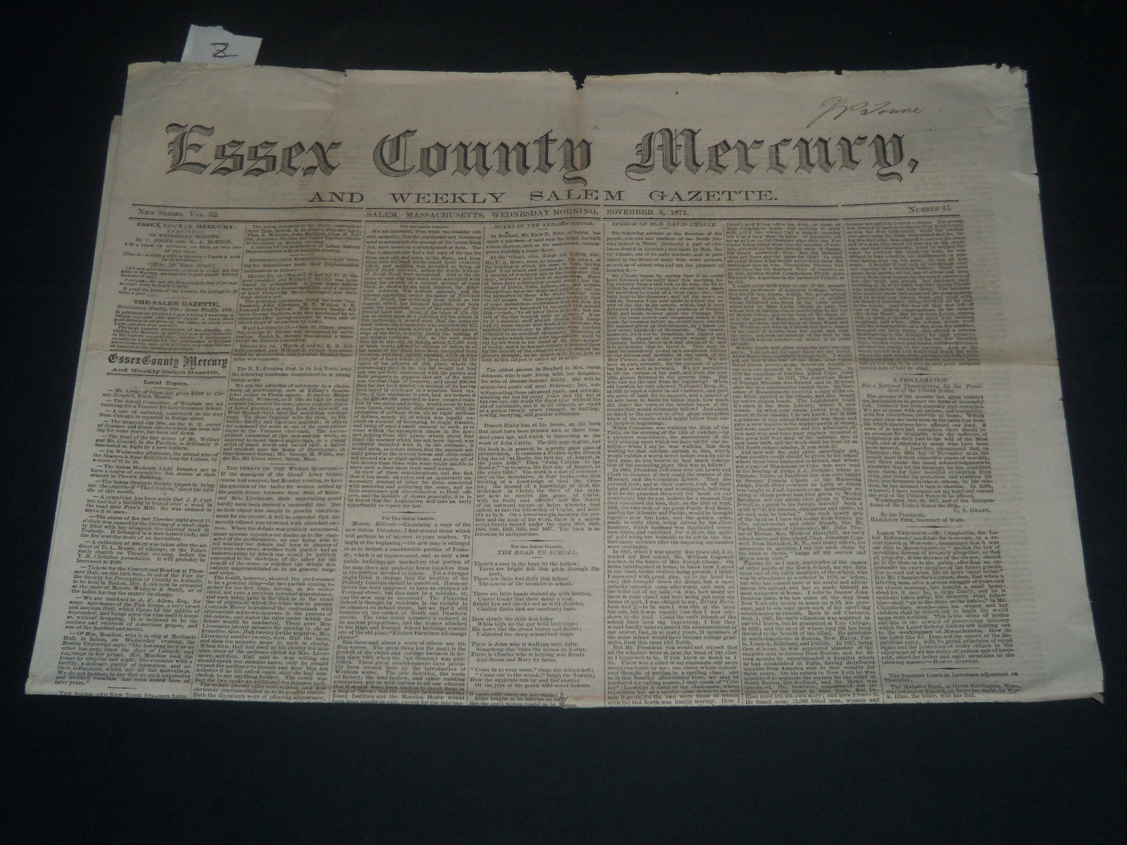 1871 NOVEMBER 8 ESSEX COUNTY MERCURY NEWSPAPER - ELECTION RESULTS - NP 3971
