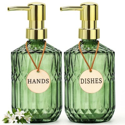 Green Glass Soap Dispenser 15.4 Oz, 2 Pack, Kitchen Hand and Dish Soap Dispen...