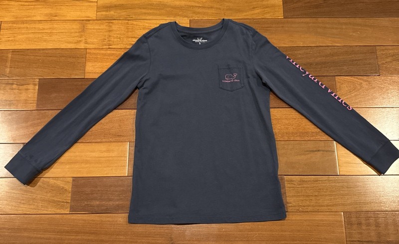 Vineyard Vines Shirt Youth Girls Large (14) Navy Blue 100% Cotton Pink Whale EUC