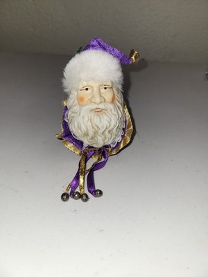 Vtg Porcelain Santa Claus Head w/ Purple ''Velvet'' Suit Ball Ornament