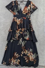 Lulus Midnight Mood Navy Blue Floral Print Tiered Maxi Dress Size Large Side Zip