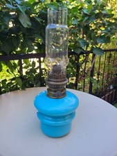 Lampe à pétrole ancienne opaline bleue – Brûleur Kosmos 8 lignes allemand – Fin