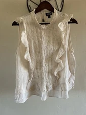 A.N.A Womens White Sleeveless Cotton Ruffle Blouse Shirt Top Size XL Embroidered