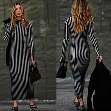 FREE PEOPLE Lucia Sweater Maxi Dress Black Combo Ribbed Stretch Mock Neck XS