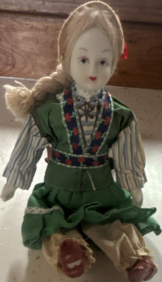 Hungarian Traditional Costume Cloth Doll with Green Dress, Braided Blonde Hair