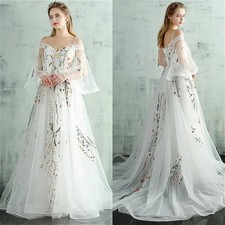 White Tulle Wedding Dress Boat Neck Flare Sleeves Appliques Plus Size Party Gown
