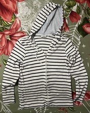 LL Bean Striped Full Zip Hoodie Women's Size Small White Navy Blue