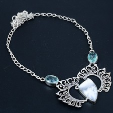Dendrite Opal, Blue Topaz 925 Sterling Silver Necklace 18"