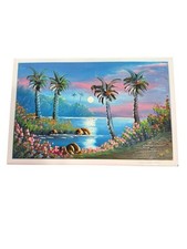 Large Tile Painted Beach Ocean Scene Signed Terra Cotta Pottery 11.75 x 7.75