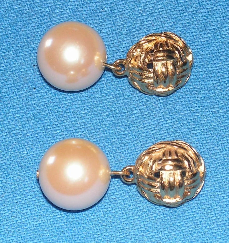  Vintage 70's Givenchy Gold Tone Metal / Glass Pearl Drop Earrings - Signed  - Image 3 of 4