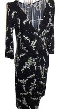 black with white blossom faux wrap stretch half sleeve dress 8-10