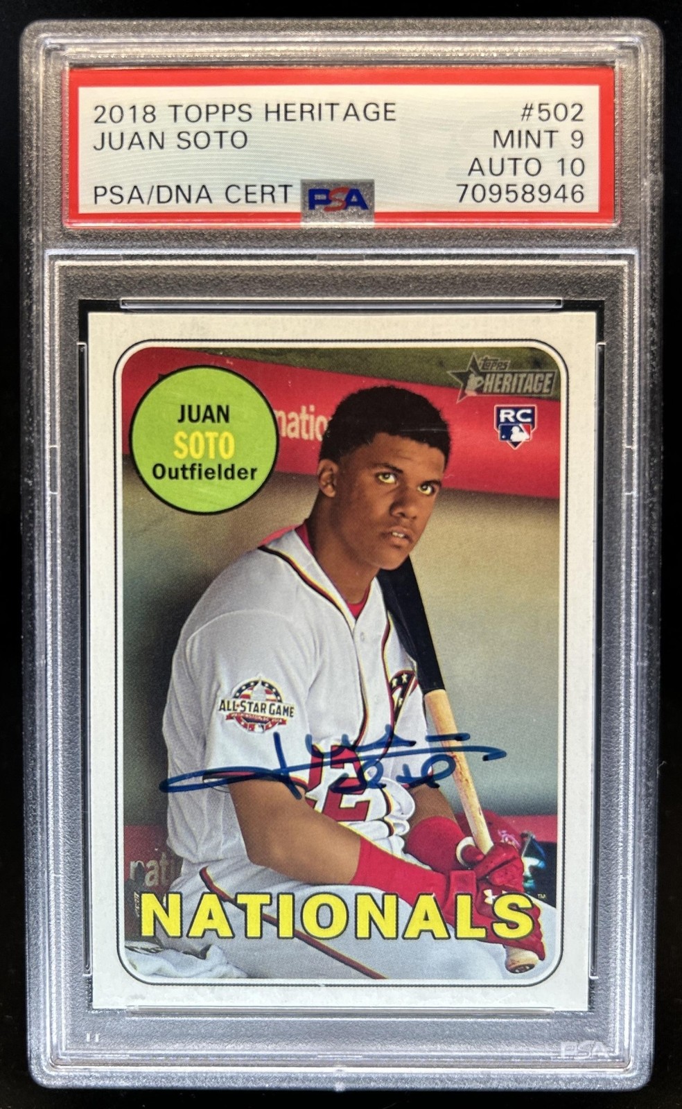 2018 Topps Heritage Juan Soto RC IP Auto Rookie #502 Nationals PSA 9 10