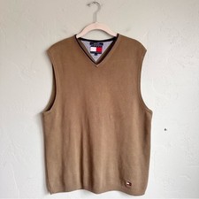 90's Y2K Tommy Hilfiger Men's Olive Green V-Neck Preppy Sweater Vest Size Large