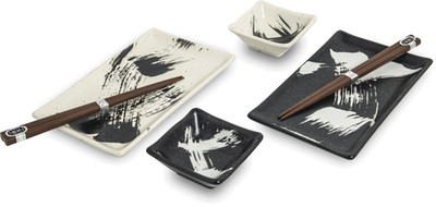 2er SET EDLES JAPANISCHES SUSHI GESCHIRR EDO SCHWARZ WEISS 6-teilig HANDARBEIT !