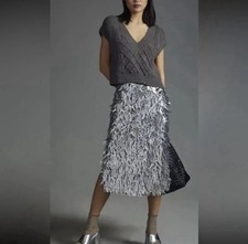 Anthropologie Silver Sequin Fringe Skirt Midi Party Pencil Sz 2 NWT