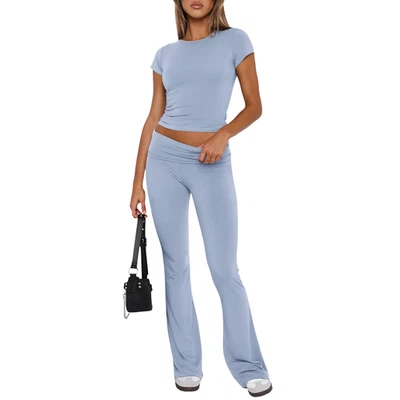 Ensemble de survêtement femme bleu taille L avec haut court crop top et pantalon - Photo 1/4