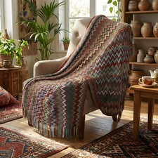 Bohemian Sofa Throw Blanket – Wave Stripe Knit