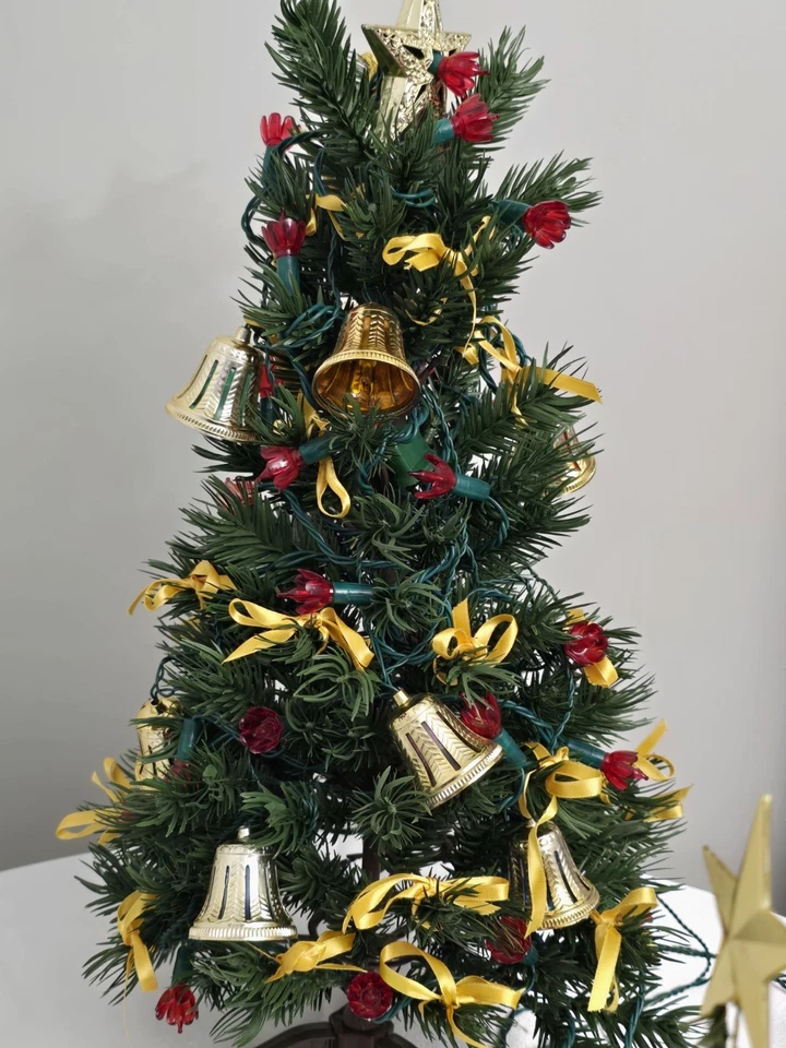 21" Artificial Christmas Tree with Red Tulip Lights Gold Ribbon Gold Bell Star - Image 2 of 4